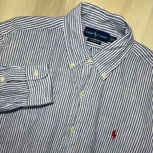Polo Ralph Lauren Shirt Mens Medium Blue Striped Button Down 100% Linen Red Pony